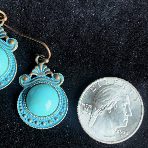 1 1/4" Ornate Southwestern Boho Burnished Gold Turquoise Bead Dangle Earrings - Picture 5 of 5